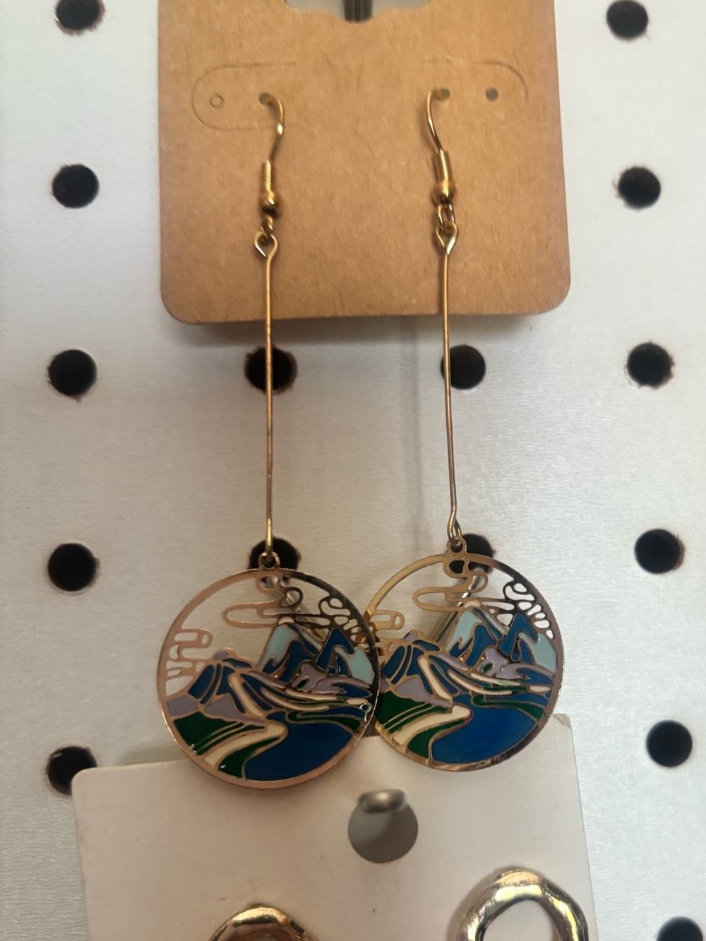 Gold Drop Earrings with Blue & Green Mountain Enamel